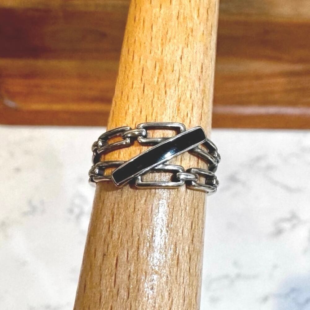 multi-layer chain ring diagonal black enamel bar sterling silver 925 size 6.5-8
